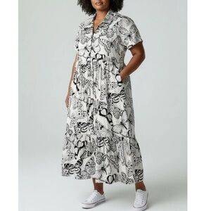 Jane + Delancey Butterfly Print Midi Dress Women's Plus 3X Black White Linen New